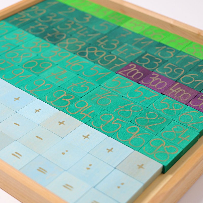 Tabla con piezas de madera con valores y signos matematicos