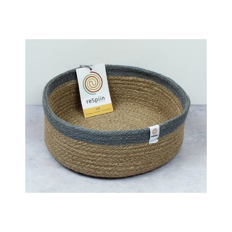 Cistella artesanal mitjana de jute natural franja gris