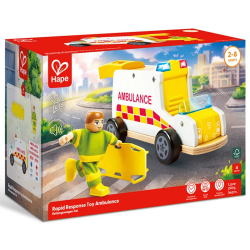 Ambulancia de Respuesta Rápida Hape – vehículo de rescate con luces, sirena y figura de paramédico desde 2 años