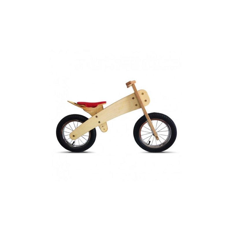 Bicicleta de madera sin pedales con sillín rojo